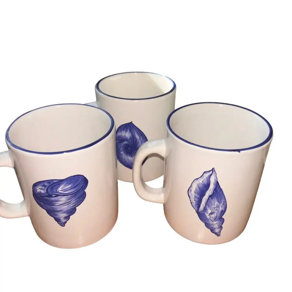 William Sonoma Set of 3 seashell Mugs Cups Seashells Nautical Beachy Seaside